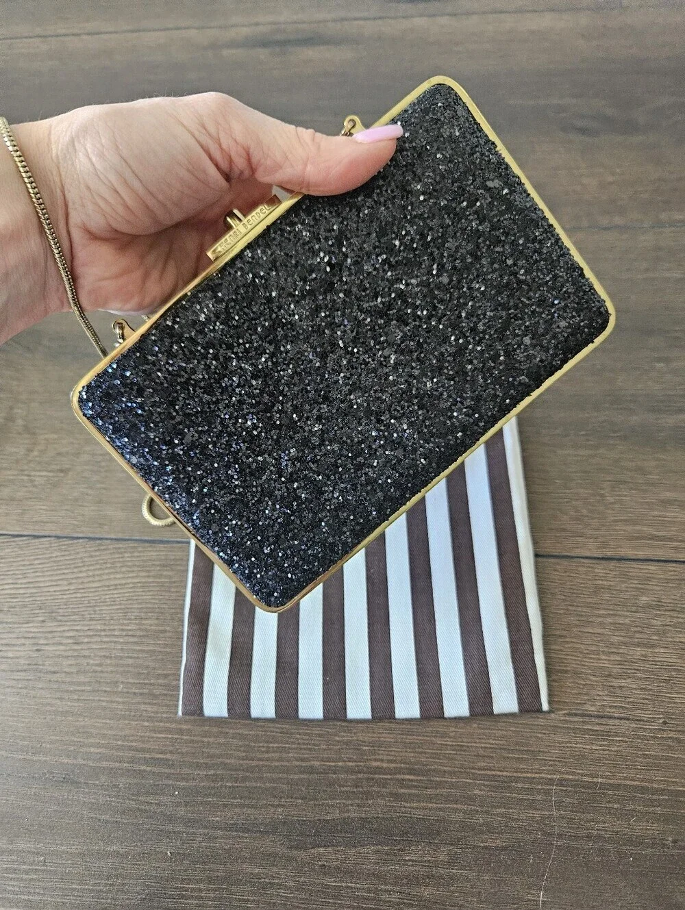 HENRI BENDEL Black Glitter Box Clutch Crossbody Evening Bag Gold Hardware +Dusty
